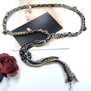 波西米亚风编织腰带女串珠流苏装饰腰绳配裙子低腰牛仔裤混色腰封