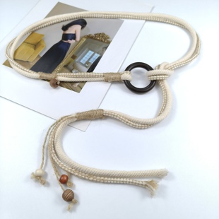 波西米亚风棉绳细腰带女百搭圆环木质扣手工编织串珠流苏装饰腰链