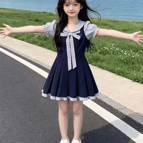 女孩2026年夏季裙子韩系新款学院甜美公主格纹风假撞色连衣裙百搭