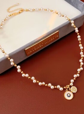 锆石珍珠缠绕八星芒轻奢珍珠项链女金色吊坠锁骨链高级设计师款