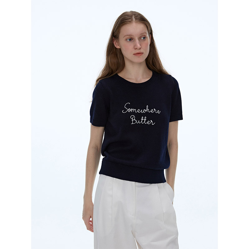 LINHOUSE法式复古藏蓝色针织短袖