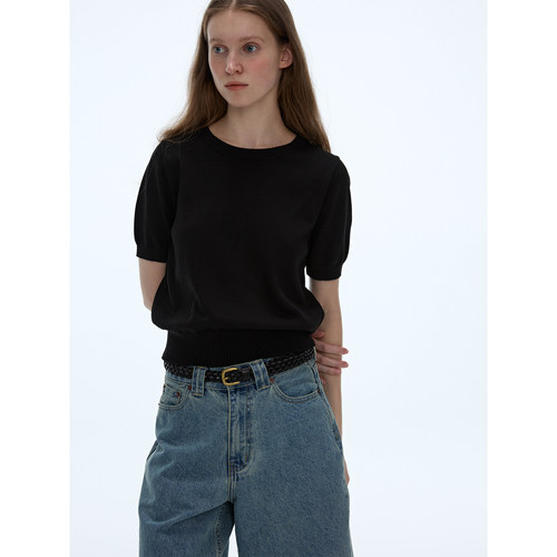 LINHOUSE法式圆领黑色针织短袖夏复古通勤气质百搭t恤毛衣上衣女