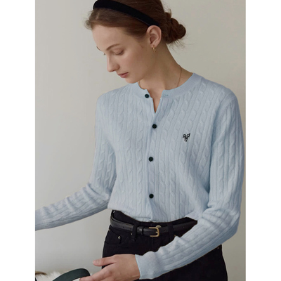 LINHOUSE单排扣圆领浅蓝针织开衫