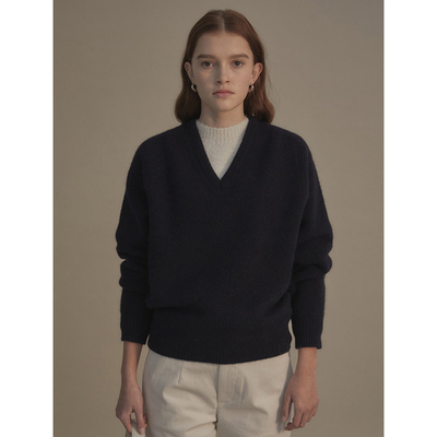 LINHOUSE复古藏蓝色V领极简毛衣