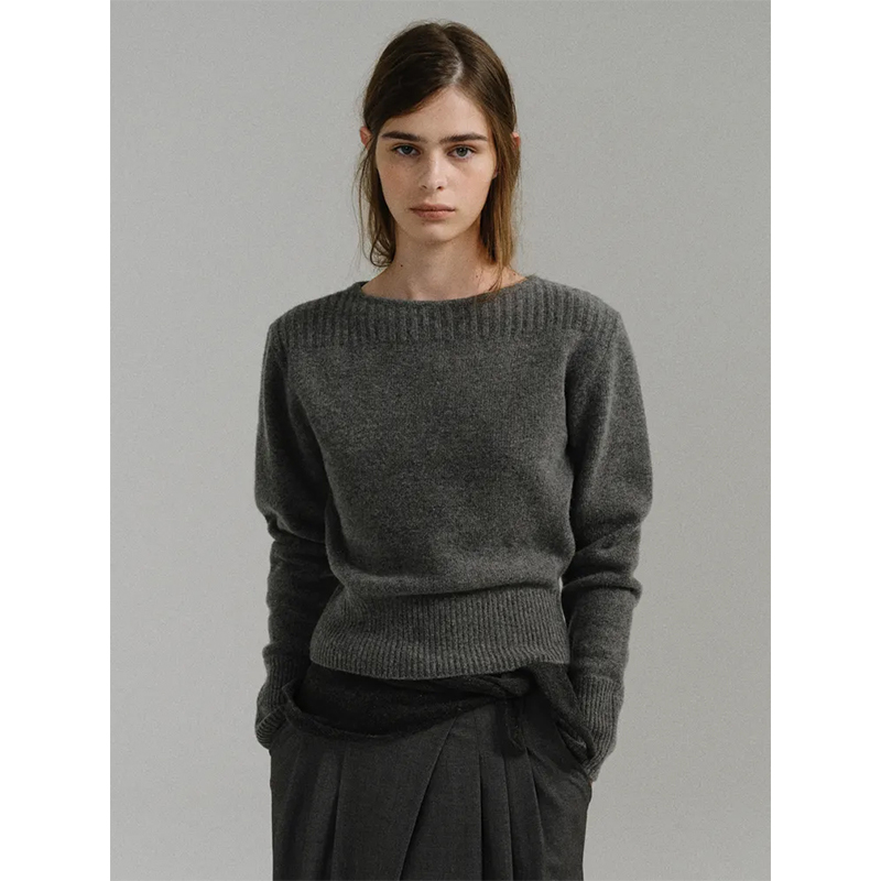 LINHOUSE复古小众灰色船领毛衣