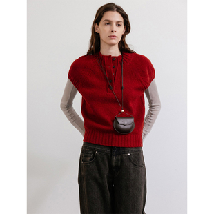 LINHOUSE复古小众高领套头短袖毛衣秋冬叠穿红色氛围感针织上衣女