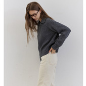 LINHOUSE复古polo领翻领深灰毛衣开衫 宽松通勤藏蓝拉链深棕外套女