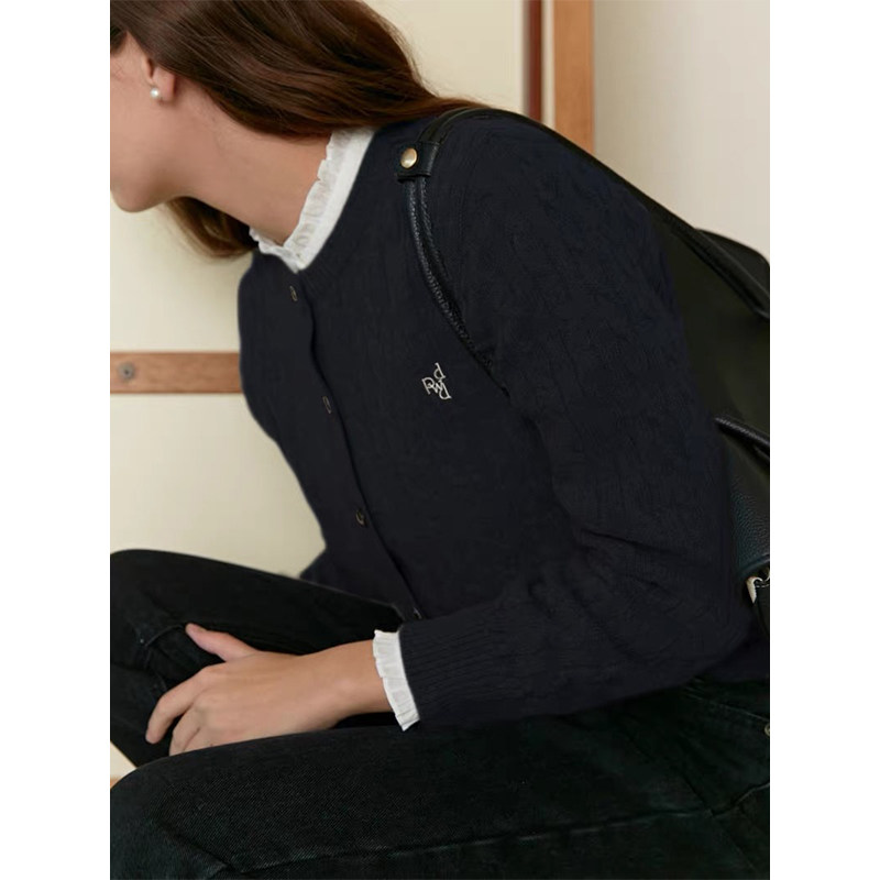 LINHOUSE复古藏蓝色麻花刺绣圆领针织开衫春夏通勤百搭外套上衣女