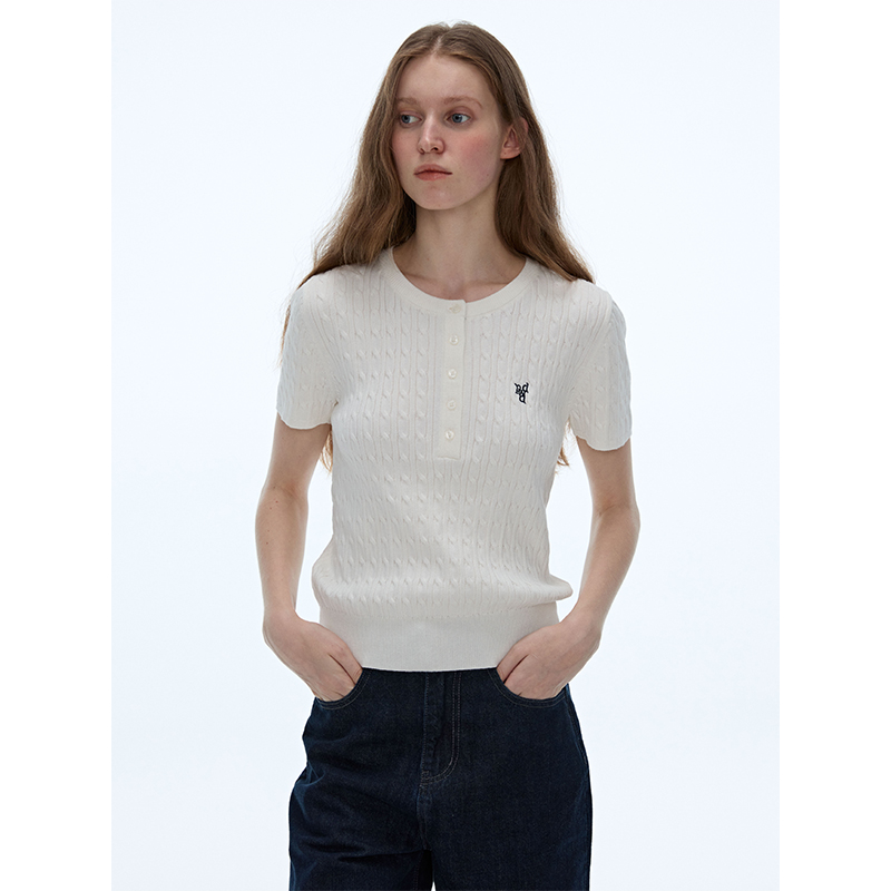 LINHOUSE法式复古亨利领针织衫短袖夏通勤气质百搭t恤毛衣上衣女