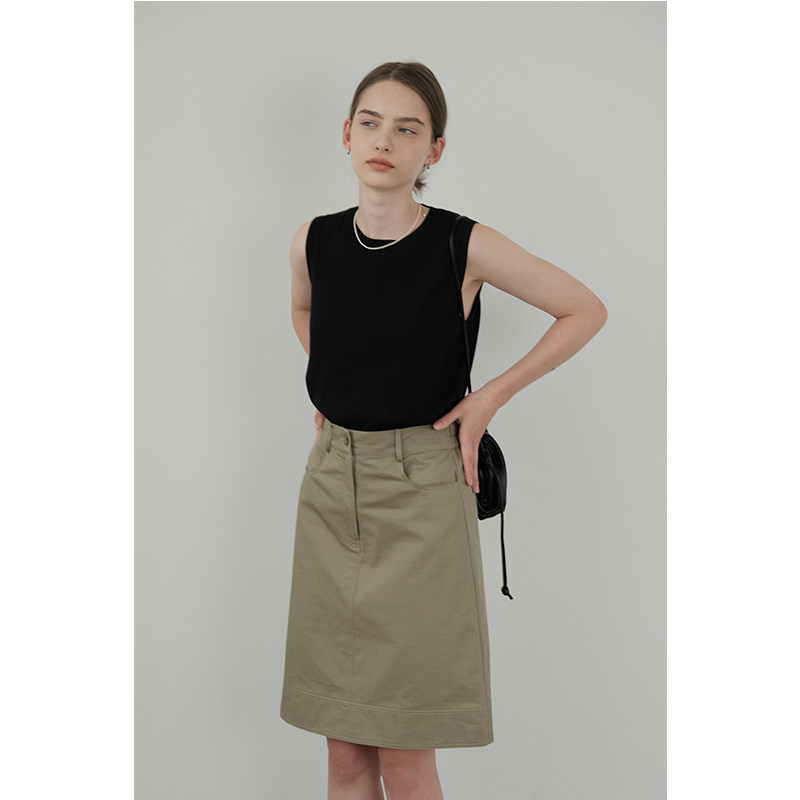 LINHOUSE法式复古卡其色半身裙中裙夏百搭通勤休闲杏色a字裙女