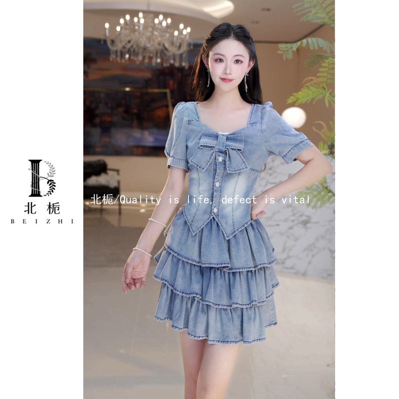蝴蝶牛仔】夏季新款-方领收腰蝴蝶结上衣裙子套装汉服 81614