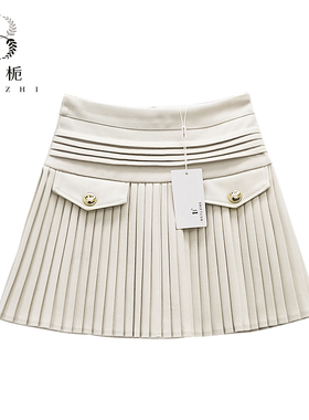 【北栀】袋盖扣子百褶裙半身裙半裙女防走光裙子600202