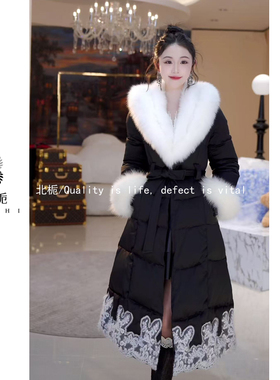 【挚爱】时尚大狐狸毛V领绑带羽绒服815512