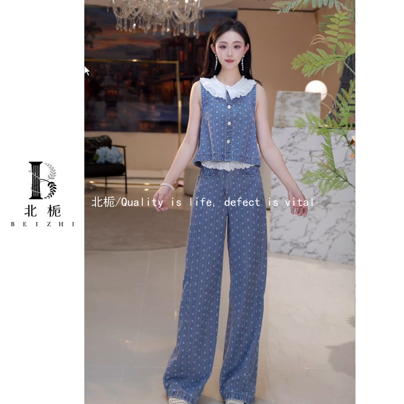 蓝点点-夏季新款-网纱翻领牛仔马甲裤子套装 816179 816180