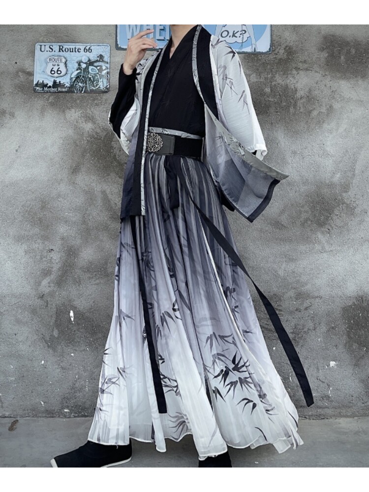 YUYUE SI CLOTHING BUREAU [MOZHU] 남녀 동일한 스타일 송나라에서 만든 일일 오리지널 한복 대나무 잎 인쇄 허리 길이 양복