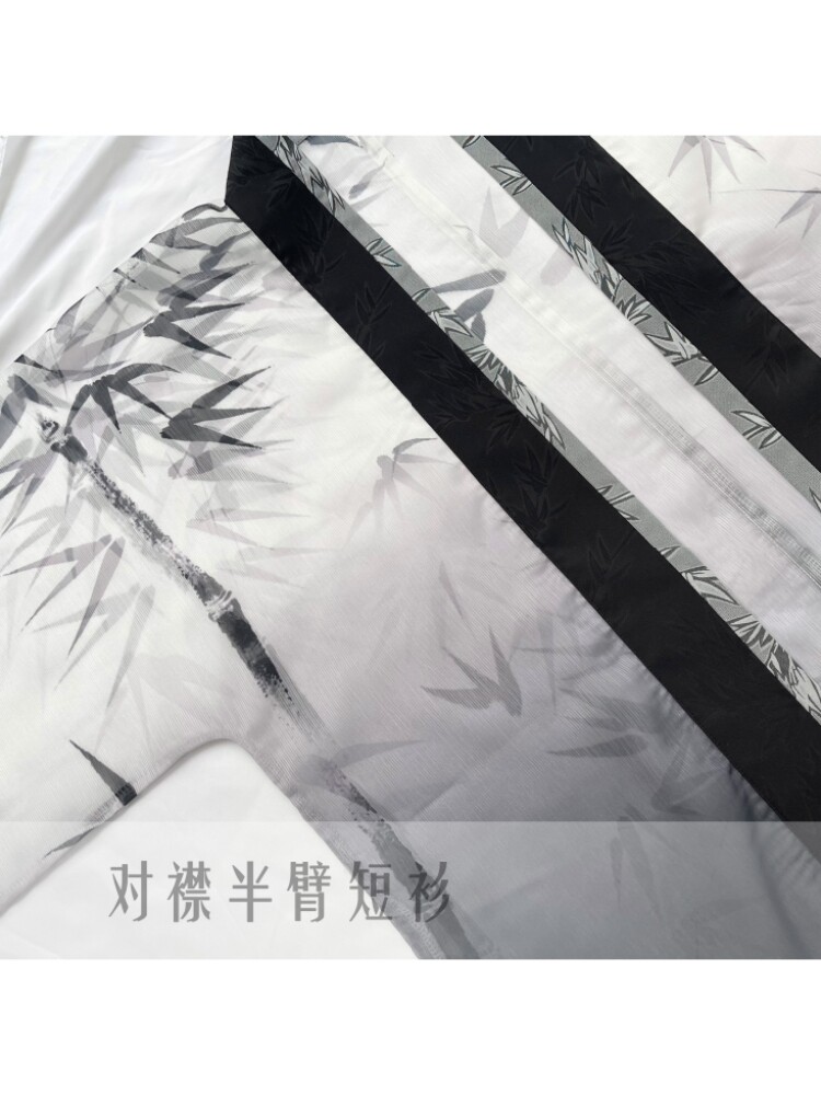 YUYUE SI CLOTHING BUREAU [MOZHU] 남녀 동일한 스타일 송나라에서 만든 일일 오리지널 한복 대나무 잎 인쇄 허리 길이 양복