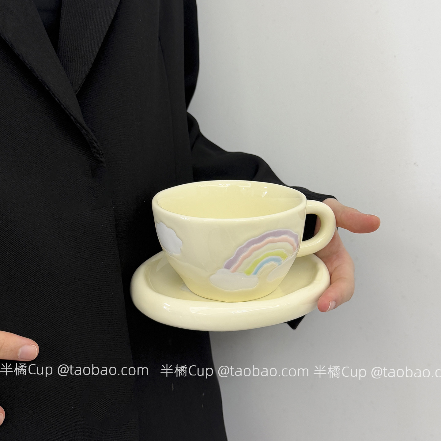 半橘Cup 治愈高雅米黄彩虹咖啡杯碟套装下午茶水杯情侣杯子伴手礼,餐饮具,咖啡杯,淘宝优惠券,粉丝福利购,淘宝优惠卷