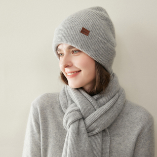 高端时尚100%纯山羊绒帽子围巾两件套双层无缝羊绒帽子围脖情侣款