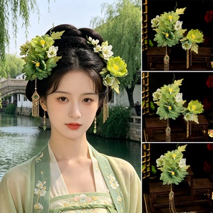 森系青绿渐变纱花发夹，汉服踏青出游素雅仙气成对侧边配饰