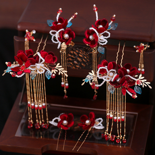 中式新娘古装发饰婚礼秀禾服酒红色绒布花朵小清新古典结婚头饰品