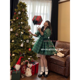 Selkie23秋季新款 绿色方格花呢印花泡芙裙 品牌授权