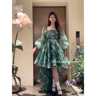 Selkie24 秋冬系列 绿色田园生活印花中长拖尾连衣裙 品牌授权