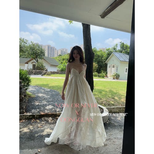 Freja 现货 复古亚麻提花拼蕾丝吊带连衣裙 米白色 品牌授权