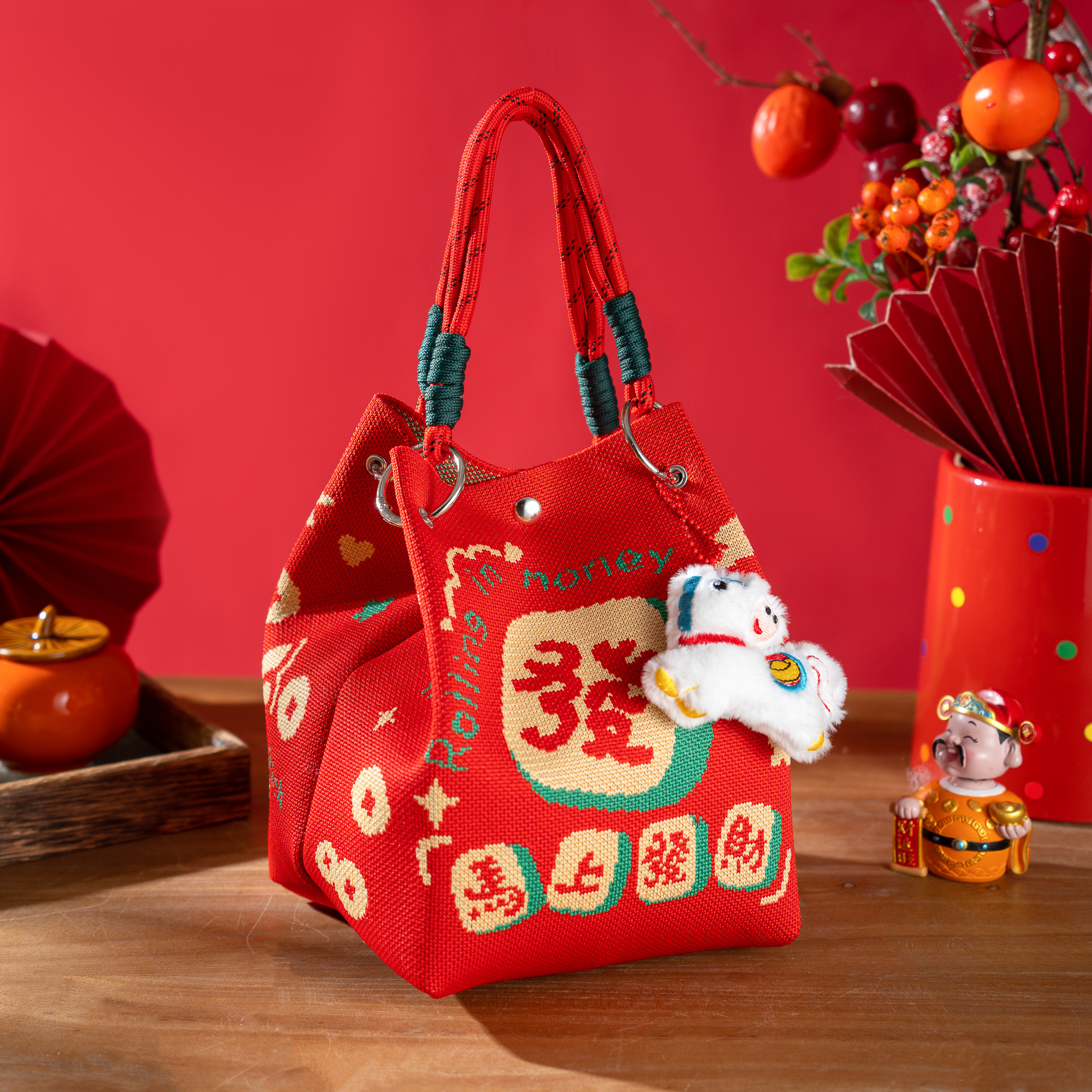 26马年卡通招财针织手提上班外出大容量便携包新年伴手礼包包袋子