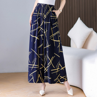 中老年碎花棉绸女裤 跳舞裤 裙裤 松紧腰妈妈人造棉阔腿裤 薄 大码 夏季