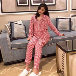 莉安琪正品优质面料马卡龙纯棉色织格翻领休闲女睡衣家居套装