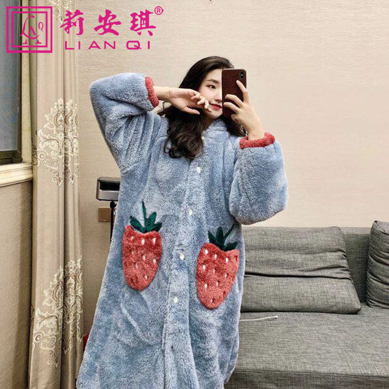莉安琪正品秋冬新款睡袍加厚珊瑚绒草莓中长款浴袍法兰绒女家居服