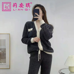 莉安琪正品秋冬新款珊瑚绒前扣领长袖系绳裤女睡衣家居服套装