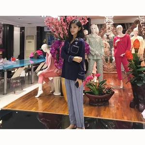 晚安深蓝色纯棉条纹长裤家居服