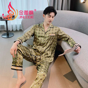 丝绸印花对襟翻领长袖睡衣家居服