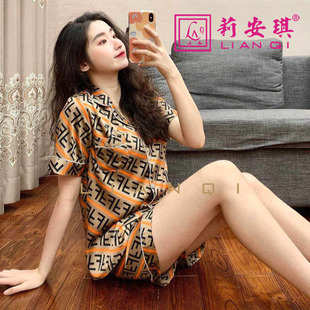 莉安琪正品春夏新款冰雪丝绸对襟翻领短袖裤网红女睡衣家居服套装
