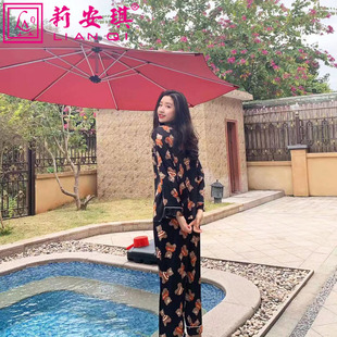 莉安琪正品新款春夏秋真丝绸长袖裤印熊女网红睡衣家居服套装