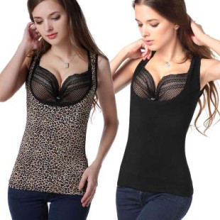 冬季女士加绒加厚双层美体性感内衣收腹塑身豹纹修身保暖背心上衣