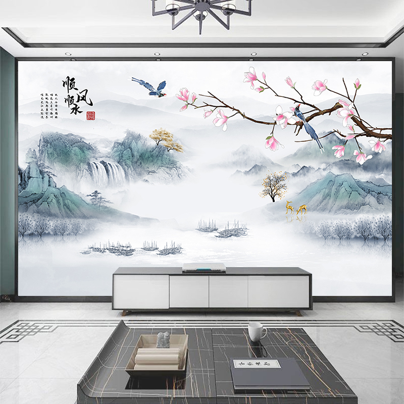 定制山水画客厅电视背景墙壁纸新中式壁画墙布8D影视墙壁布3d墙纸