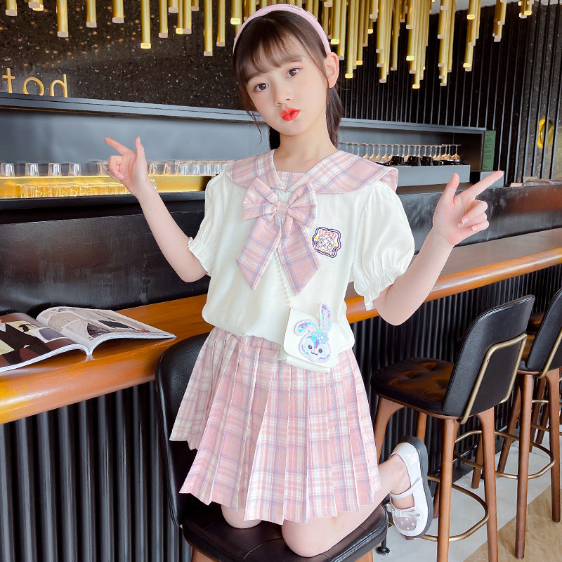 女童套装夏季2023新款儿童jk制服套裙两件套兔耳朵领形学生毕业服