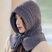 2025新款 秋冬季 巴拉克拉法针织毛线保暖围脖护耳朵围巾一体帽子女