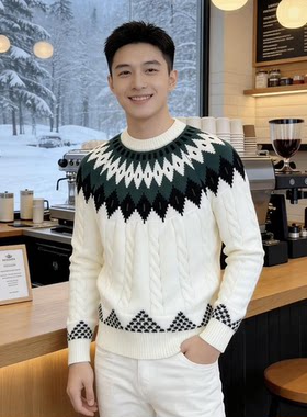 秋冬季新款加厚圆领男士毛衣潮流民族风潮牌时尚休闲长袖针织衫