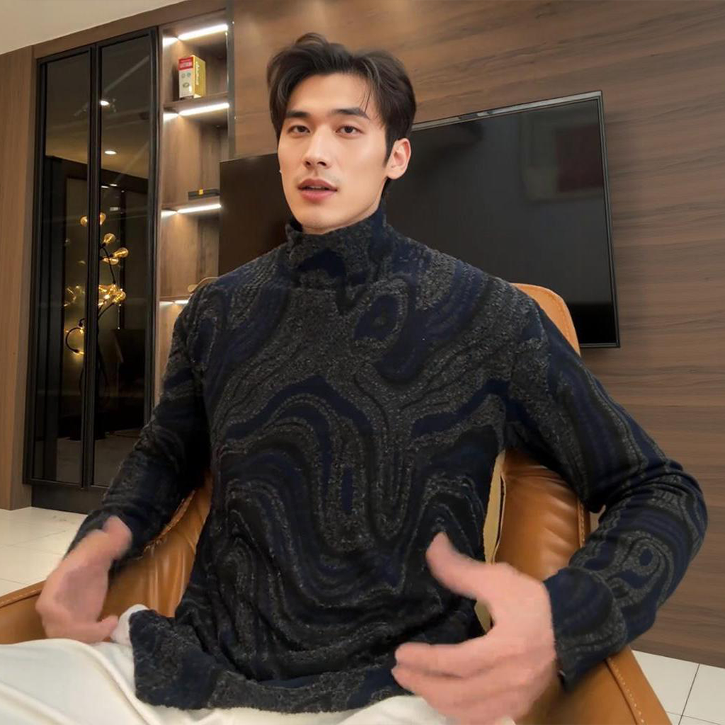 男士秋冬新款痞帅男装扎染水波纹半高领长袖T恤百搭套头上衣