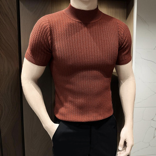 高领男士短袖t恤爆款新款痞帅男装毛衣条纹针织男款打底上衣