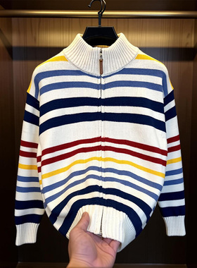 【轻奢时尚】秋冬款条纹立领开衫外套男士时尚潮流毛衣男装25868