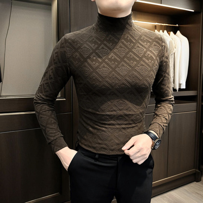 2025新款秋冬季提花半高领男士长袖t恤爆款痞帅高级感男款打底衫