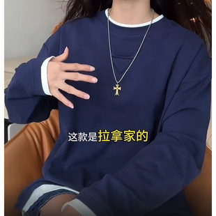 时尚个性纯色倒三角圆领套头假两件长袖T恤休闲百搭上衣