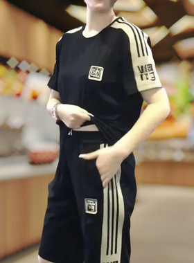 【专柜品质】夏季纯色拼色男士运动宽松百搭休闲套装短袖印花透气