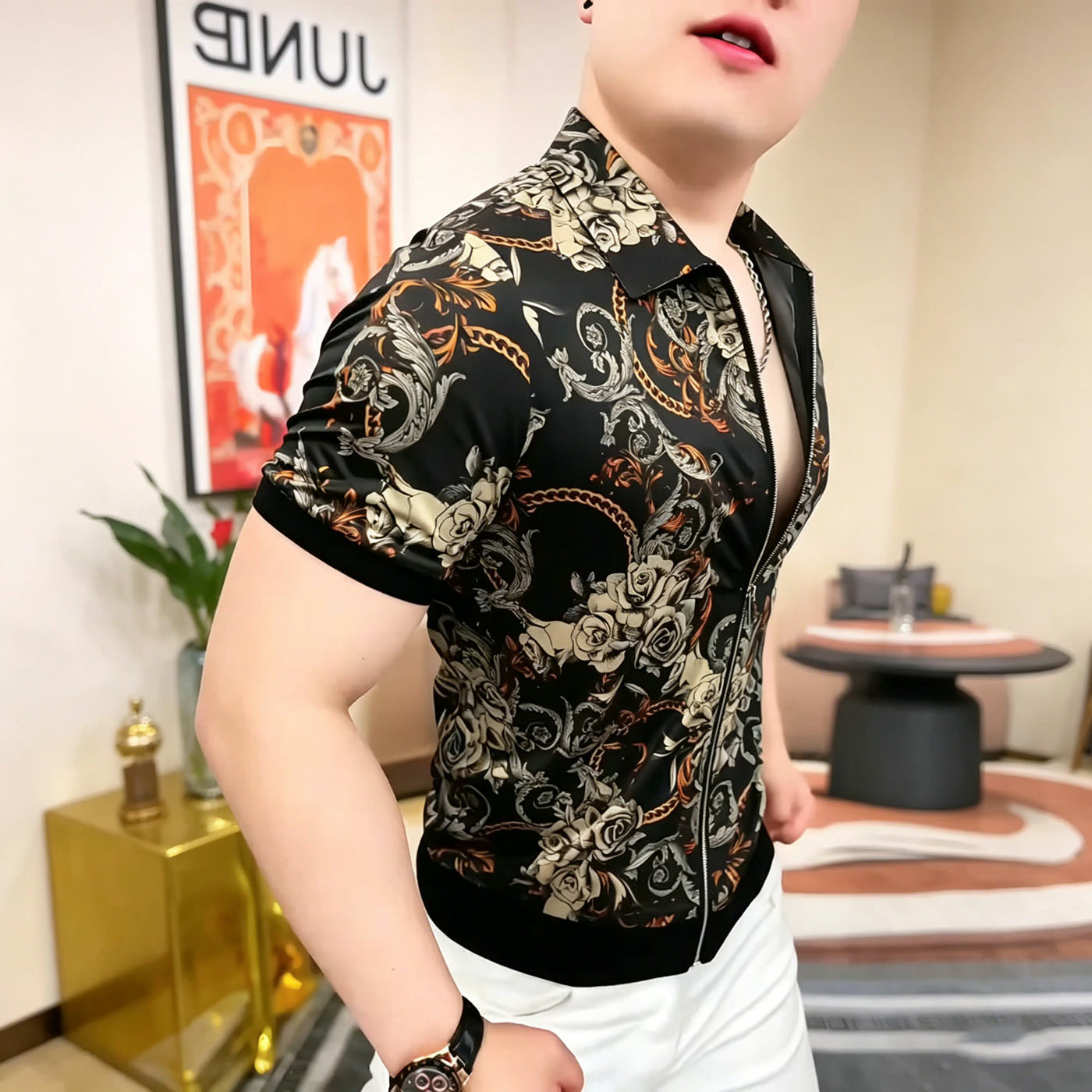 《梦幻蝶影》男士夏季新款百搭双拉链翻领短袖休闲衬衫潮流时尚图片