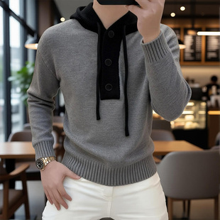 高档连帽套头针织衫毛衣男士秋冬款时尚保暖帽衫打底衫男装LO628