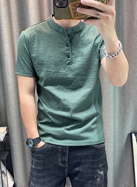 夏季新款40-50岁高档男士短袖中年立领男装薄款t恤衫半袖上衣